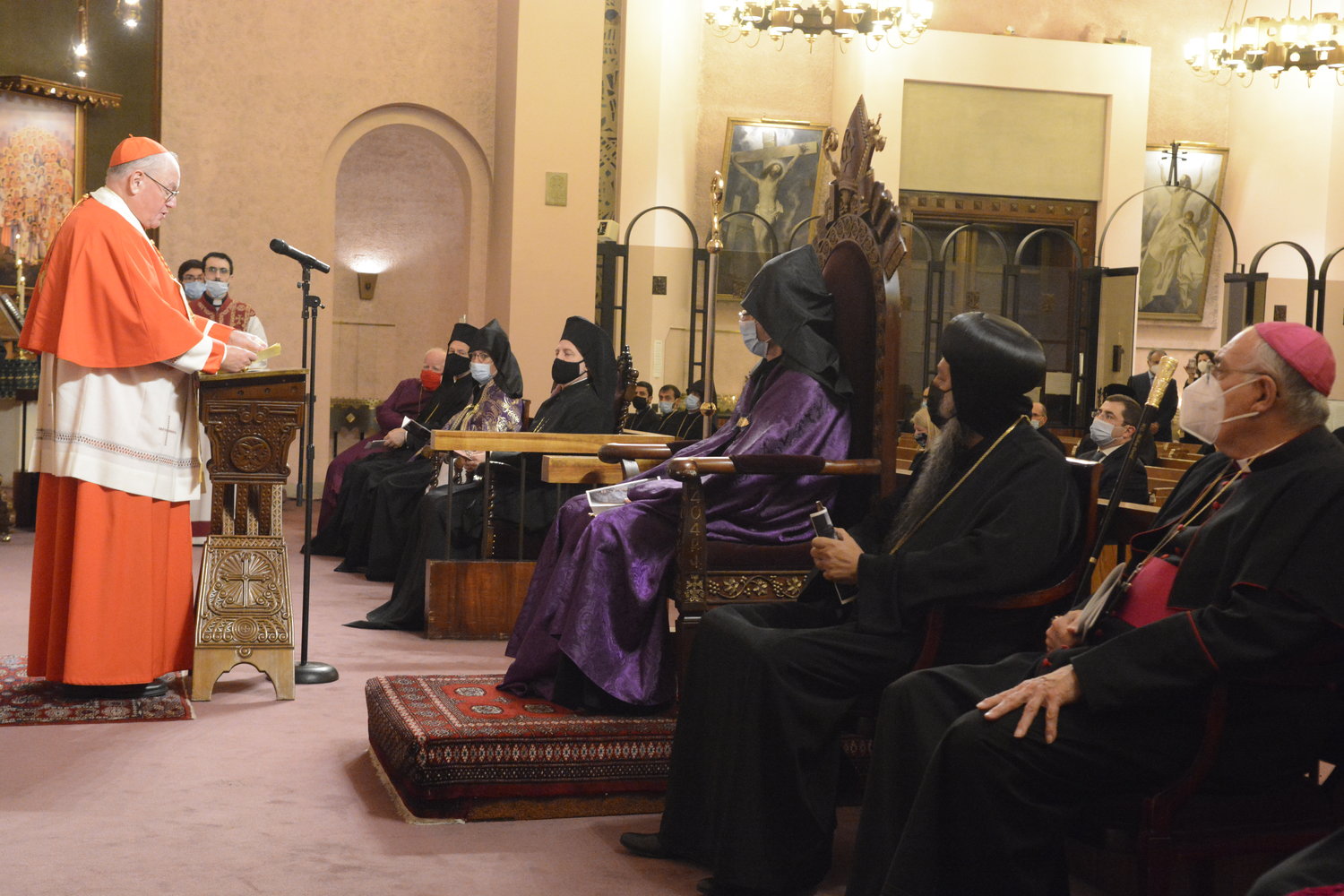 PRAYERS FOR ARMENIANS—Cardinal Dolan speaks during “An Ecumenical Service for Peace and Justice in Armenia, Artsakh and the World” at St. Vartan Armenian Cathedral in Manhattan Oct. 21. Seated from near right to left are Bishop Nicholas DiMarzio of the Diocese of Brooklyn; Bishop David of the Coptic Orthodox Diocese of New York and New England; and Bishop Daniel Findikyan, primate of the Eastern Diocese of the Armenian Church of America.